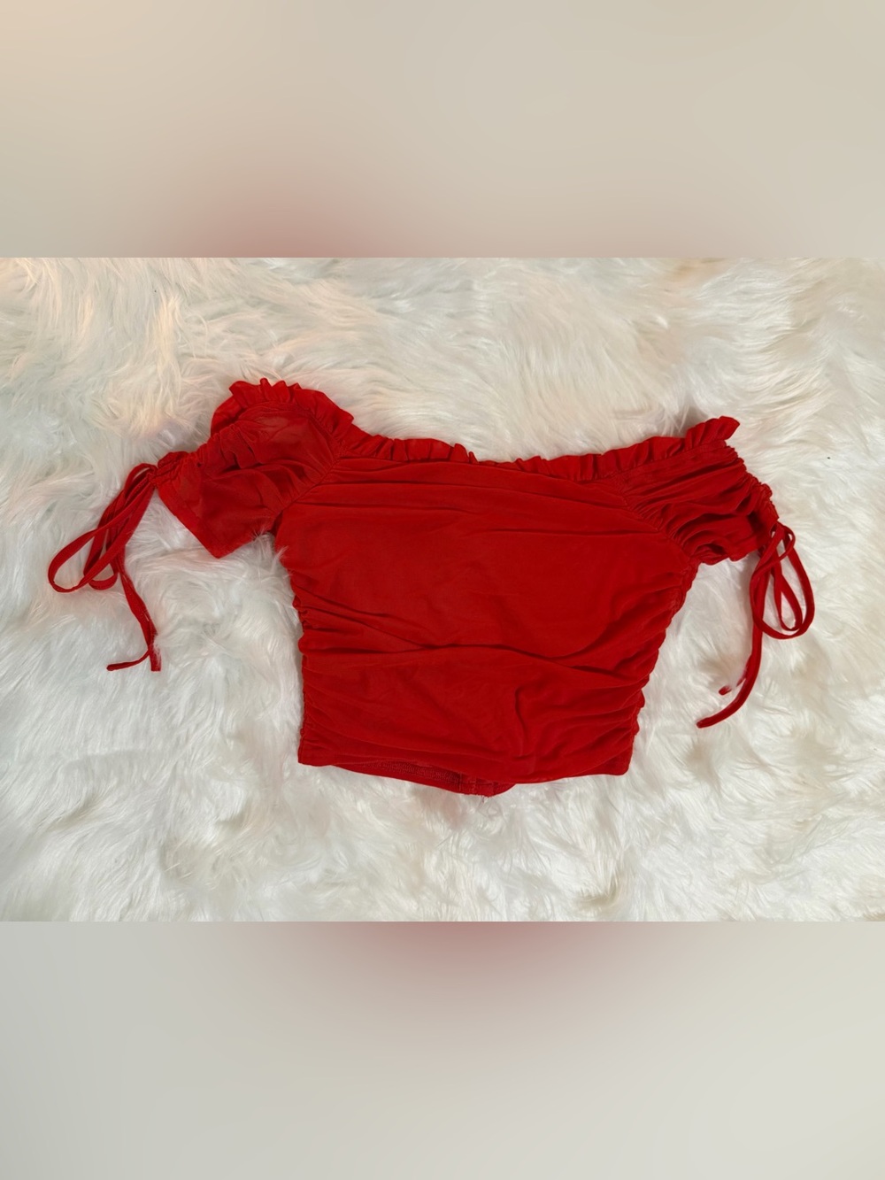Windsor Red Ruched Off-Shoulder Mesh Crop Top Small - Picture 8 of 10